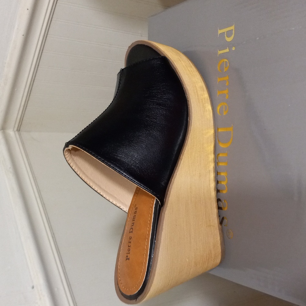 🟢20oz Pierre Dumas  black chunky wedge peep toe sandals - Picture 4 of 7